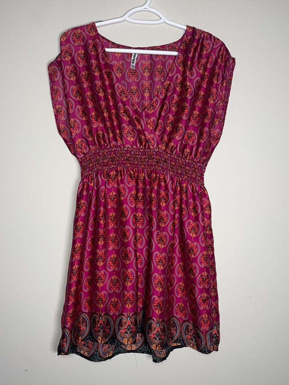 Wurl XL Satin Pink Short Sleeve Abstract Pattern Elastic Waist Mini Dress